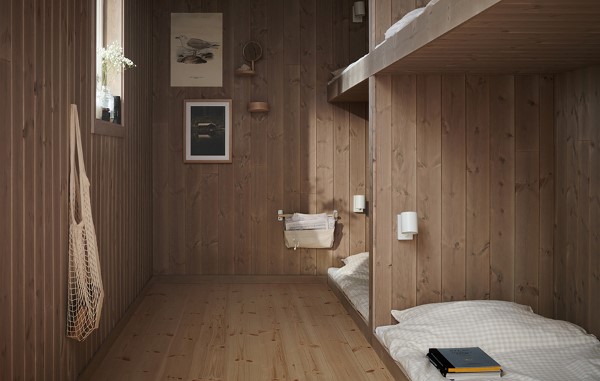 Träpanelen Stilla Sandbeige sitter på väggarna i ett sovrum med platsbyggda våningssängar.